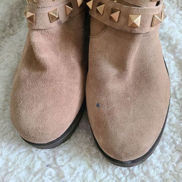 BCBG Suede Tan Studded Strap Zipper Moto‎ Boots EUC! - Picture 6 of 7
